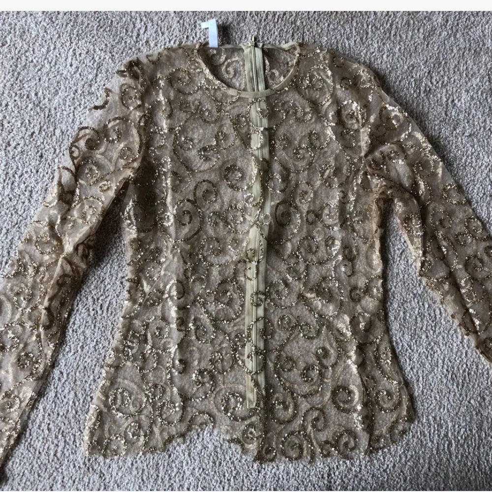 Womens Gagaopt GOLD Sequined Glitter Long Sleeve Sheer TOP Tee Blouse Shirt XXS